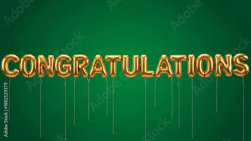 Golden balloon letters spelling congratulations on green background with strings balloons