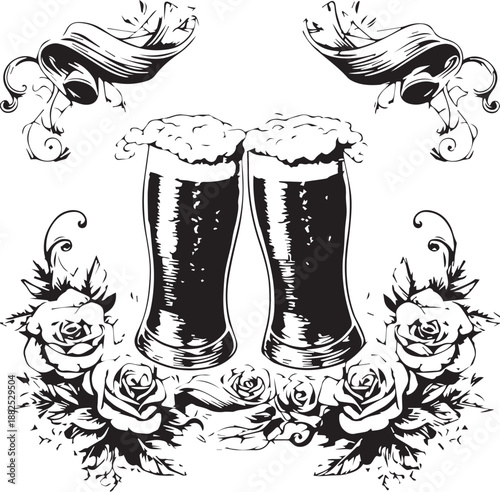 Cheers to the Art of Brew: A pair of meticulously crafted pint glasses, filled with a dark, rich ale and crowned with frothy foam, stand as a testament to the art of brewing.