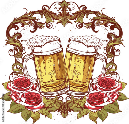 Cheers to Friendship and Good Times: Two frosty beer mugs clink in a toast of celebration, framed by elegant floral and foliage motifs, embodying the essence of camaraderie and festive moments.