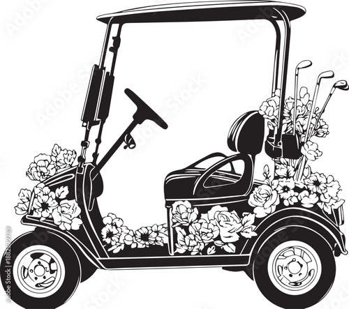 Elegant Floral Golf Cart: A charming golf cart adorned with delicate floral arrangements and golf club, embodying the leisurely spirit of a day on the course.