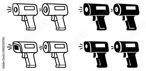 Line art and solid style infrared thermometer icon set featuring different orientations and fill options for health and safety monitoring