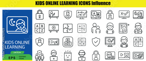 Set of black and white kids online learning with blue background education children