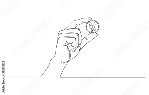 Hand holds coin continuous one line drawing art savings and investment money concept.