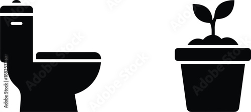 Toilet and potted plant silhouette icons set isolated flat vector symbols for bathroom interior decor design