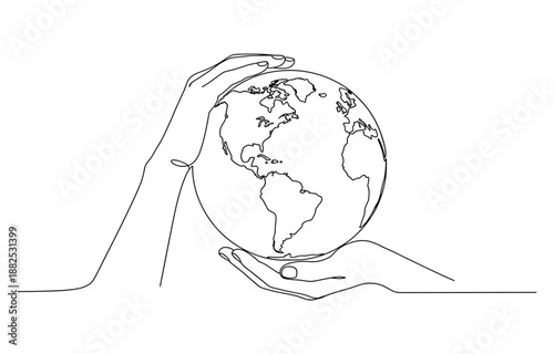 Human hands holding Earth globe continuous line art drawing.
