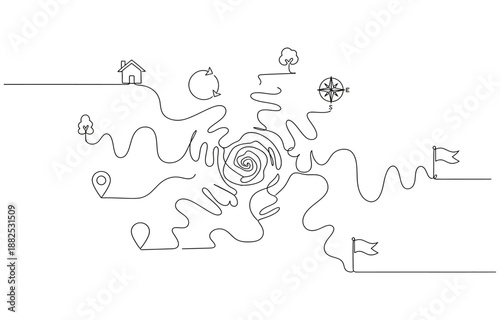 Hand drawn line art of a winding path with location pins leading up to a mountain peak with a flag.