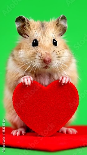 Adorable hamster holding red heart on green background for Valentine's Day