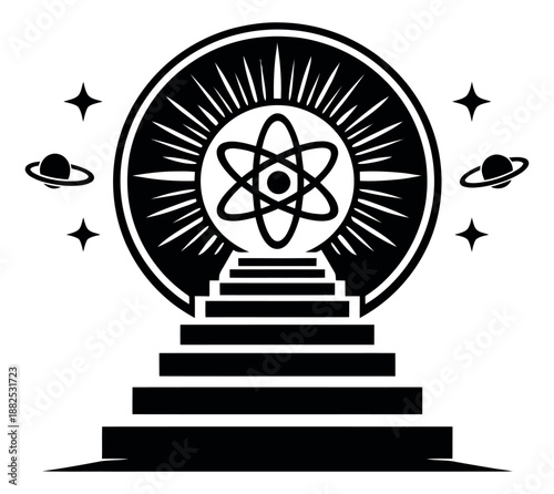 Graphic illustration of an atom symbol on a staircase depicting the pursuit of scientific knowledge for education and cosmic exploration