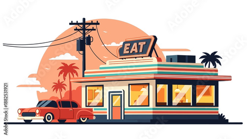 A colorful illustration of a retro-style diner with a car parked outside, set against a vibrant orange sunset with palm trees, featuring a bold graphic design and a 'EAT' sign, in a