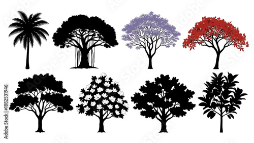 Collection of eight diverse tree silhouettes with varying shapes, sizes, and leaf colors