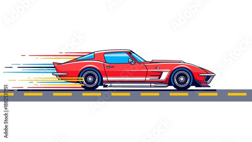 A red Corvette sports car speeds along a road with motion blur, depicted in a colorful vector illustration style against a clean white background.