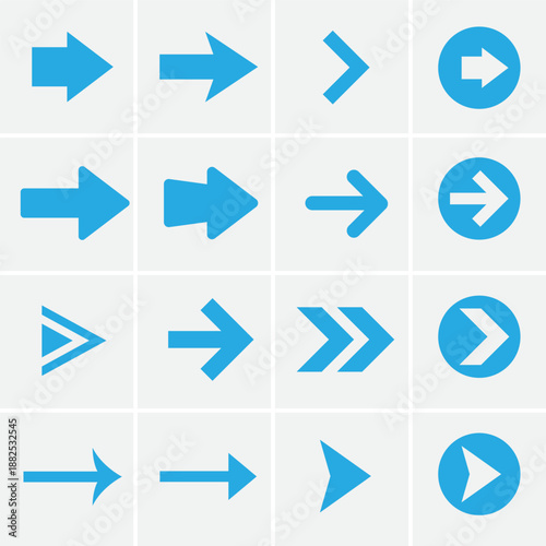 Free Download Set of 16 minimalist blue arrow icons and navigation symbols pointing right, vector illustration for web design and UI/UX interface. - GFXLoad