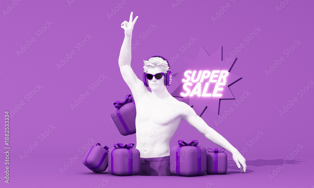 Obraz premium Modern abstract collage featuring a 3D human character with super sale typography, symbolizing fashion shopping, promotional marketing, and vibrant retail advertising concept, 3d rendering.