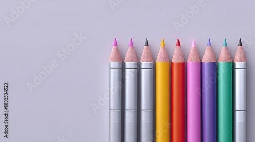 Colorful assortment of sharpened colored pencils arranged in a row on a light purple background for artistic projects and creative activities