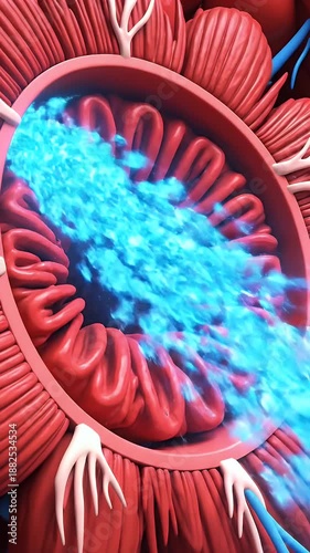 CGI Flythrough of Muscle Cell from Fiber Bundle with Red Myofibrils and Blue Sarcoplasmic Reticulum for Medical