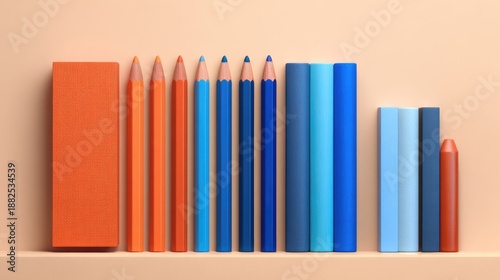 Colorful arrangement of orange and blue pencils and books on a pastel background, showcasing artistic supplies and vibrant stationery aesthetics