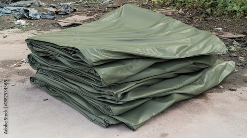 A stack of folded heavy duty green waterproof tarpaulins made from durable material arranged on the ground for outdoor protection and storage
