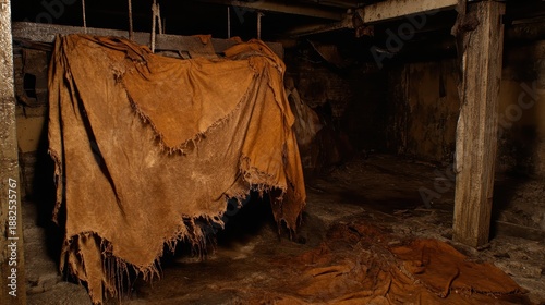 Aged brown textiles with frayed edges hanging in a dark interior with visible decay and rough textures