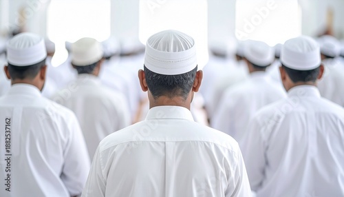 Back View of Men in White Traditional Attire Praying at Mosque Under Bright Lighting