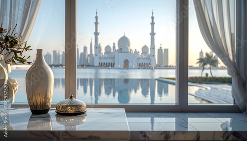 Grand Mosque View from Marble Countertop with White Curtains, Cityscape and Ocean Reflection