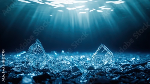Broken glass shards scattered on the ocean floor illuminated by sunlight filtering down through the deep blue water creating a surreal and fragmented underwater scene
