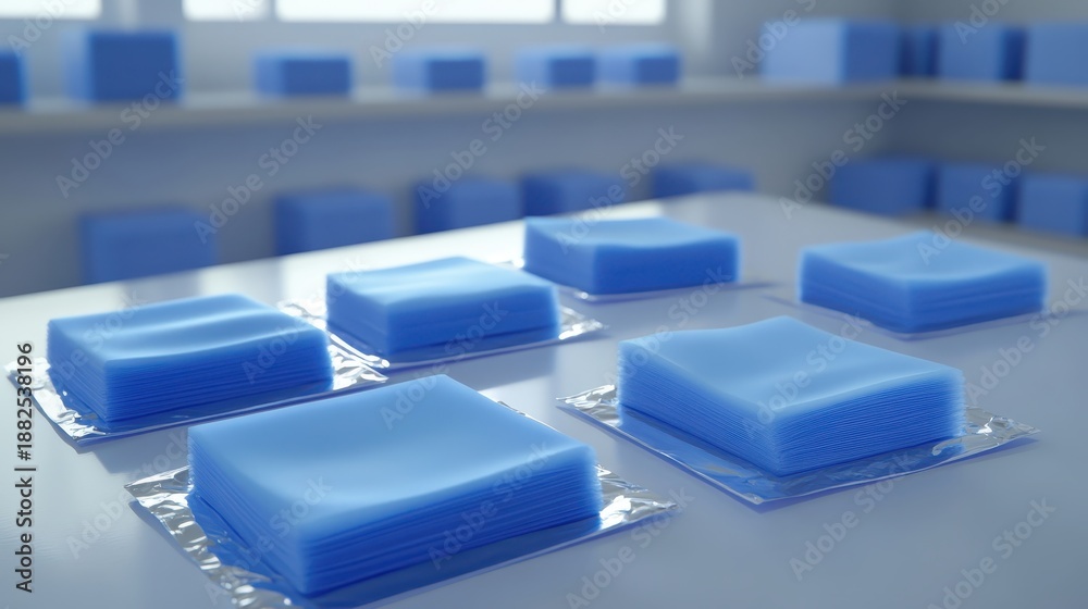 Obraz premium Collection of blue antiseptic cleaning wipes individually sealed and displayed on a surface with rows in the background