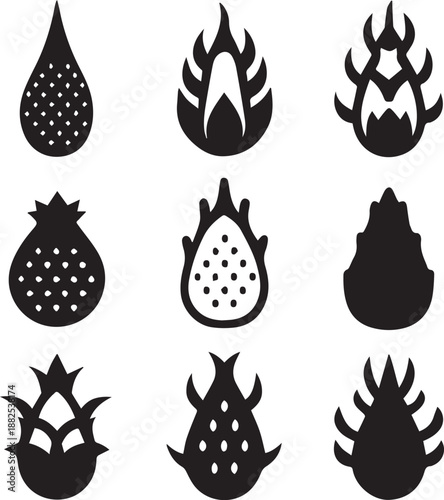 Dragon Fruit Silhouette Vector Set, Fruit Black Silhouette Icons