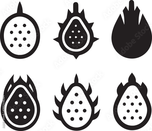 Dragon Fruit Silhouette Vector Set, Fruit Black Silhouette Icons