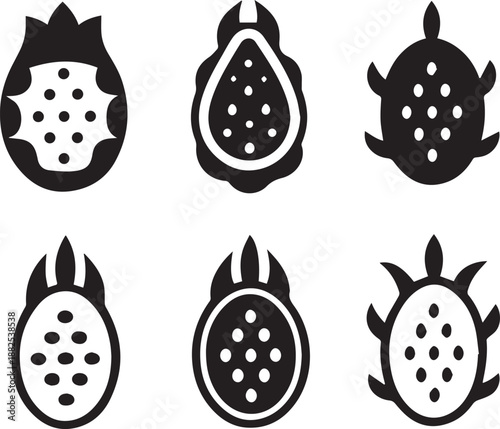 Dragon Fruit Silhouette Vector Set, Fruit Black Silhouette Icons