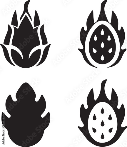 Dragon Fruit Silhouette Vector Set, Fruit Black Silhouette Icons