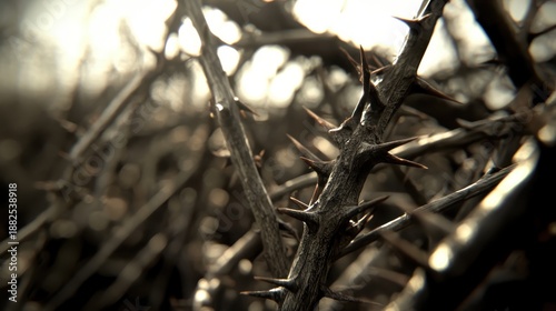 Close up view of sharp thorns on tangled branches of a thorny bush in nature