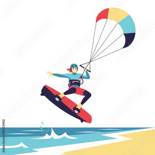 Kite Surfer Jumps Over Ocean Waves on Board, Extreme Water Sport Adventure