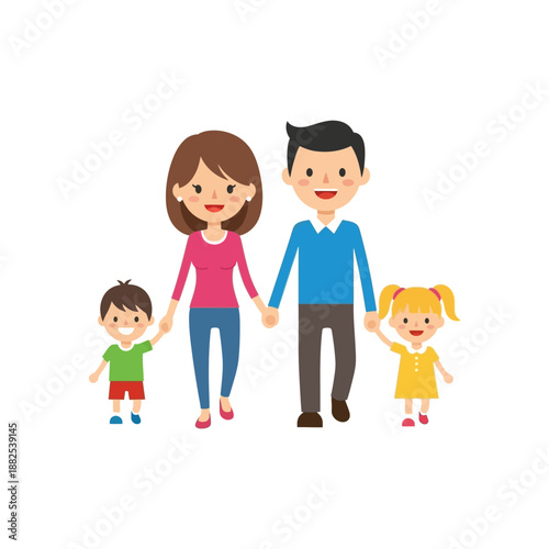 Happy Cartoon Family Walking Together: Parents and Two Children Holding Hands