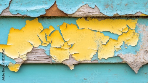 Close up of peeling blue and yellow paint revealing weathered wood texture on an old exterior wall