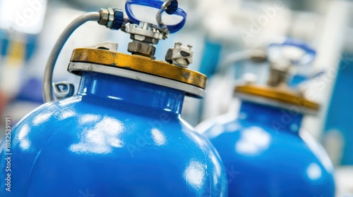 Closeup of blue portable oxygen canisters with valves attached at a medical or industrial facility