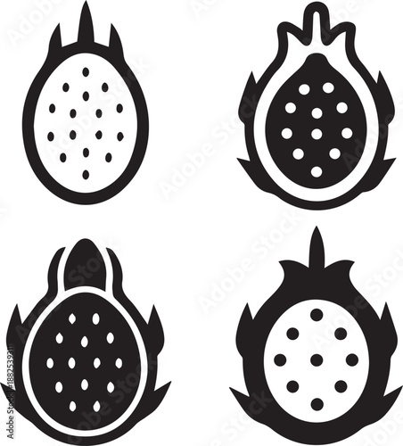 Dragon Fruit Silhouette Vector Set, Fruit Black Silhouette Icons