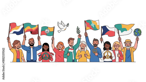 Illustration of diverse people holding flags and a dove in a colorful, celebratory scene for Republic Day India with a lively and cultural vibe against a clean white background.