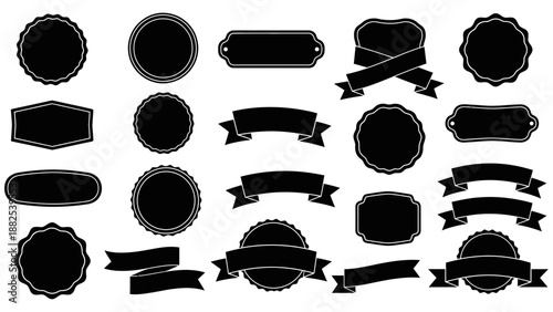 Set of 20 black and white vintage-style labels and banners with various shapes and decorative borders