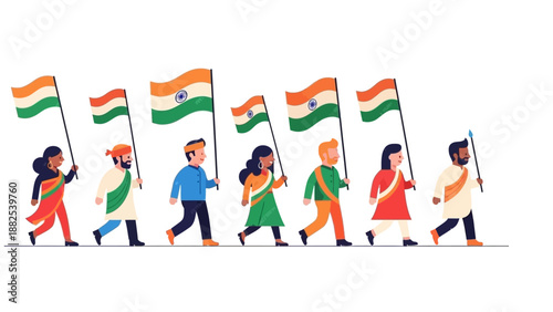 Illustration of diverse people holding Indian flags and walking together in a celebratory procession on Republic Day, with a colorful and lively sketch style.