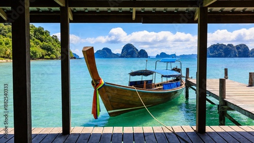 Traditional boat docked at pier with tropical island view