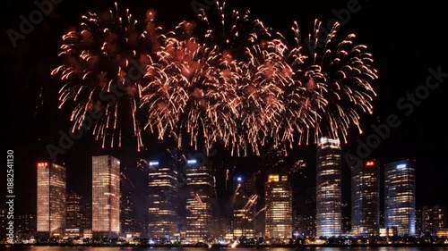 Fireworks Over Modern Asian City Skyline During Chinese New Year