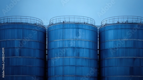 Large industrial blue cylindrical storage tanks under a cloudy sky