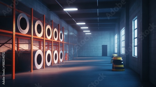 Large industrial rolls of plastic sheeting stored neatly on racks inside a modern warehouse facility with bright overhead lighting
