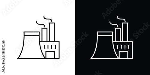 Single icon of industrial factory building with chimneys emitting smoke, representing manufacturing and production processes