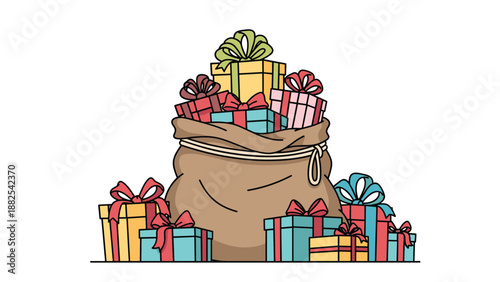 Large brown sack is overflowing with colorful gift boxes tied with ribbons, surrounded by more presents in a festive holiday arrangement.