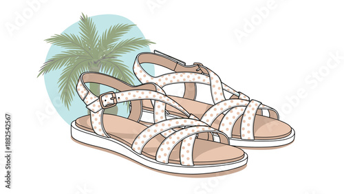 Fashionable women's sandals with a brown polka dot pattern are showcased against a soft blue circle and tropical palm tree silhouette.