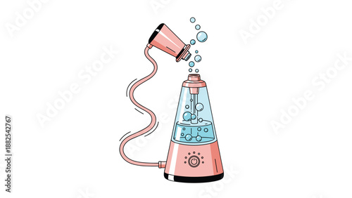 Modern pink humidifier emits gentle blue water bubbles from its wavy tube nozzle, creating a clean and refreshing atmosphere for home health.