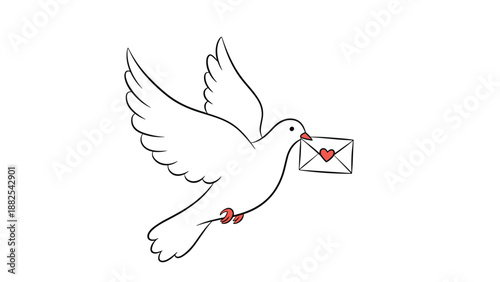 Graceful white dove flies through the air while carrying a small white envelope sealed with a red heart, symbolizing love and peaceful news.