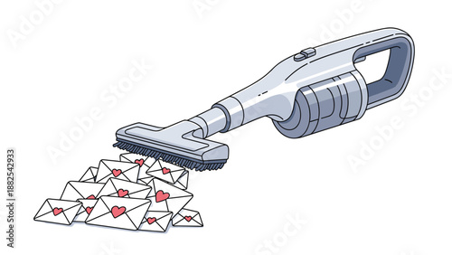 Modern handheld vacuum cleaner is shown sucking up a large pile of white envelopes decorated with small red hearts in a creative concept.