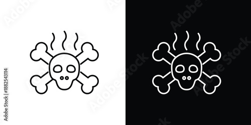 Hazardous skull and crossbones line icon with smoke, symbolizing poison, danger, and toxicity. Essential warning symbol for safety applications
